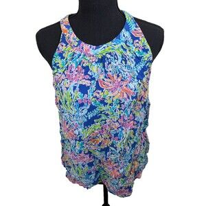 Anne Carson Women Top Tropical Colorful Sleeveless Pleated Keyhole Back Large